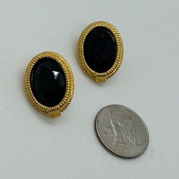 Vintage 80s Black Acrylic Oval Post Earrings Plymouth New York Gold Rope Border - Picture 9 of 13